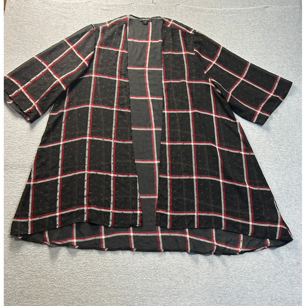 Torrid Open Front Plaid Cardigan 1X Black Red White High Low Duster Kimono Top